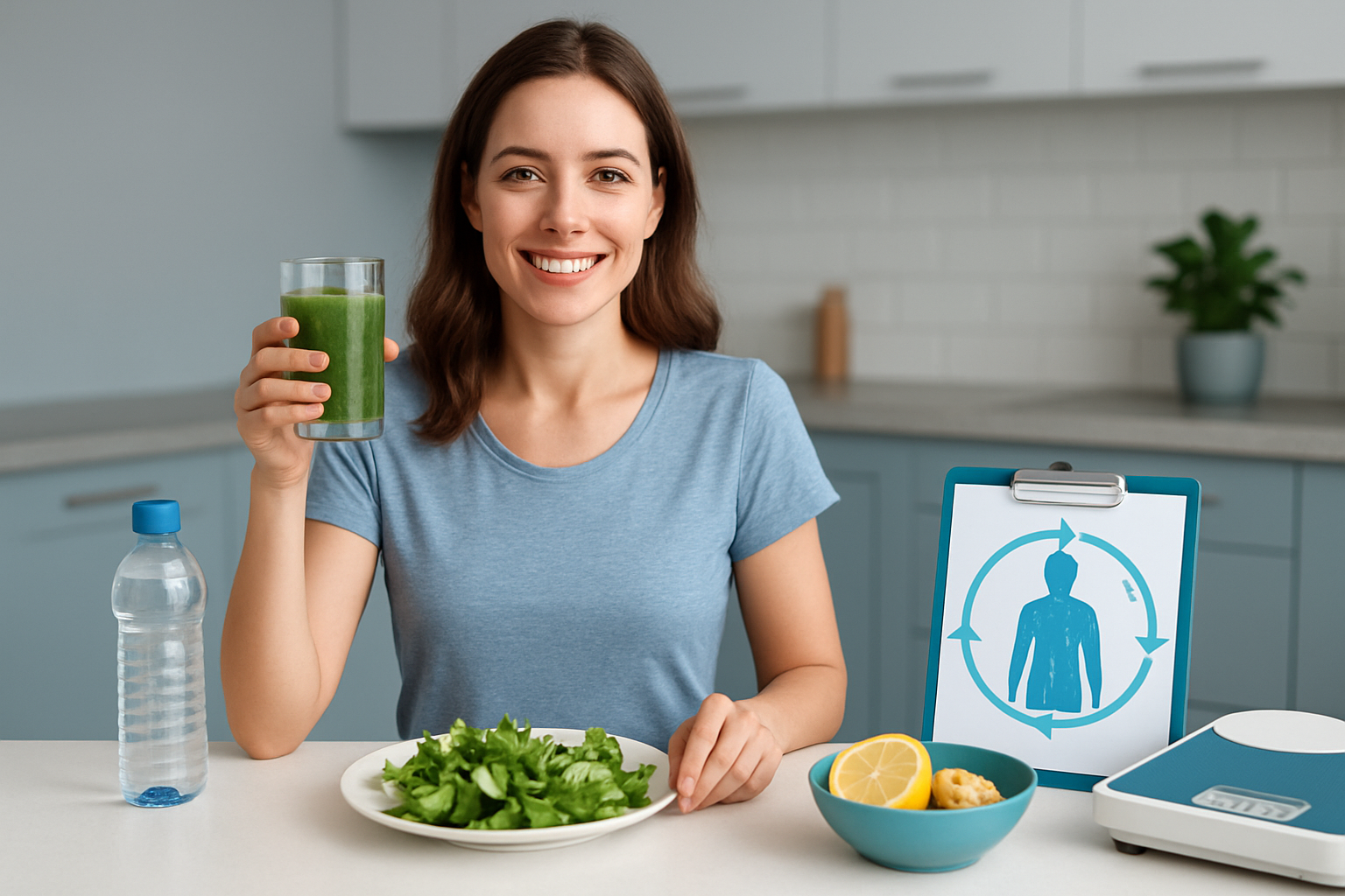 Frau integriert gesunde Detox-Gewohnheiten in ihren Alltag mit Zitronenwasser, frischem Gemüse und Bewegung