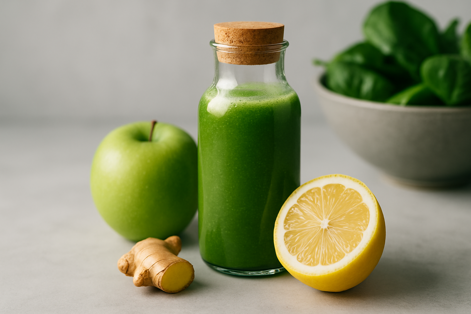 Frau plant ihre Detox-Kur mit frischen Säften, Gemüse und einem Detox-Tagebuch auf dem Tisch