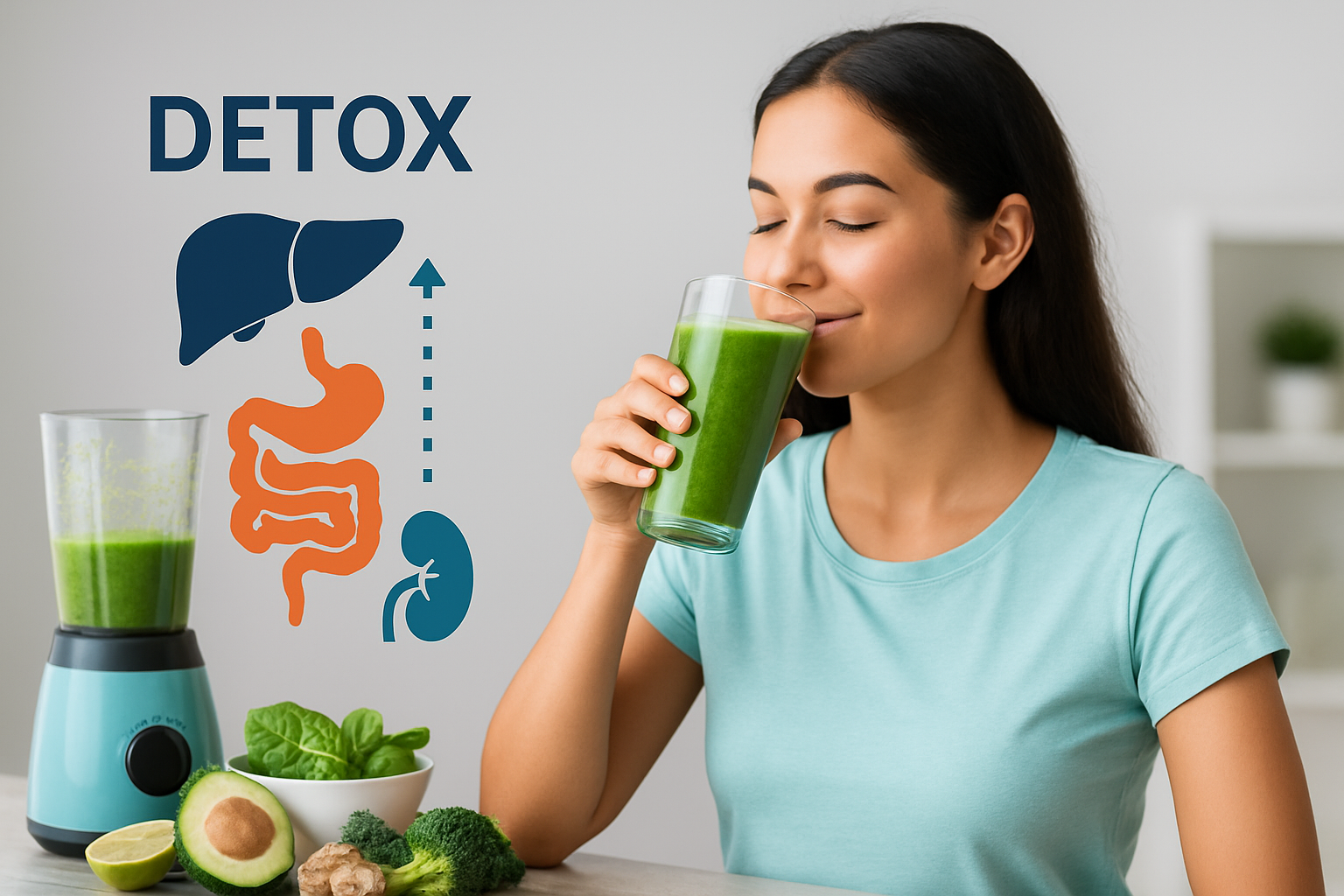 Drei bunte Detox-Smoothies in Gläsern mit frischem Obst, Gemüse und Superfoods auf einem Holztisch