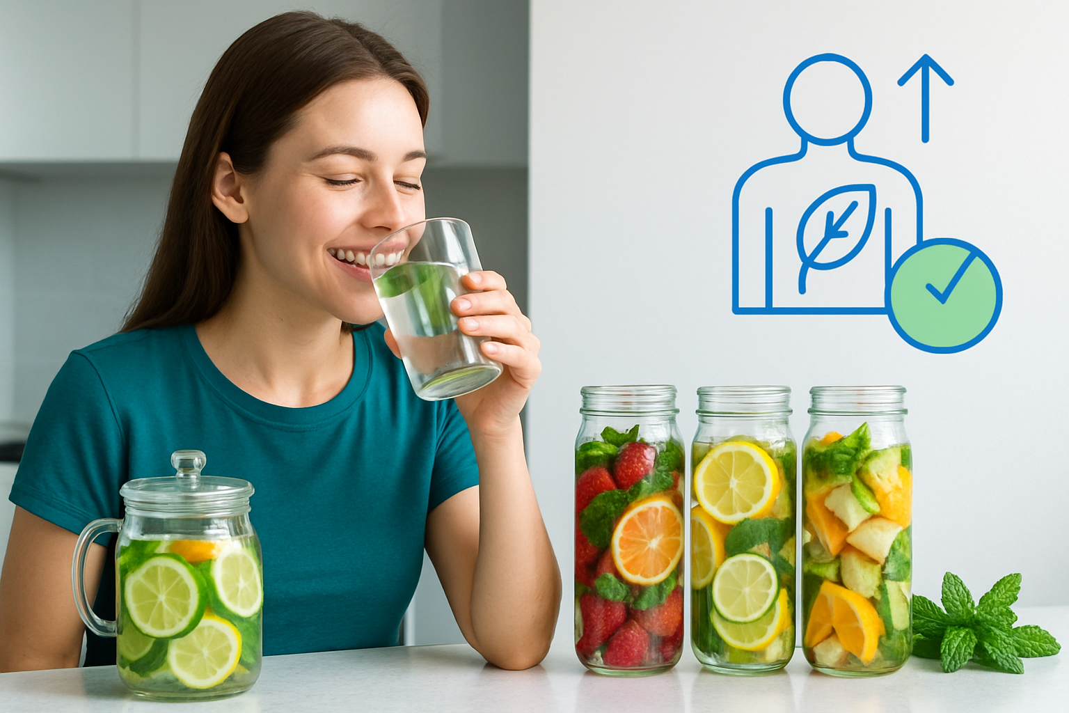 Bunte Glaskaraffen mit Detox Wasser gefüllt mit Zitrone, Gurke, Beeren und frischen Kräutern