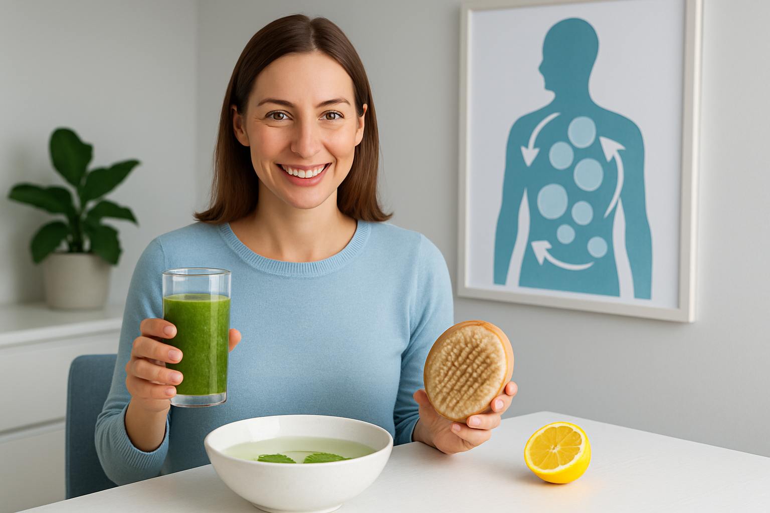 Frau bei einer natürlichen Entschlackungskur mit Basenbad und frischen Kräutern