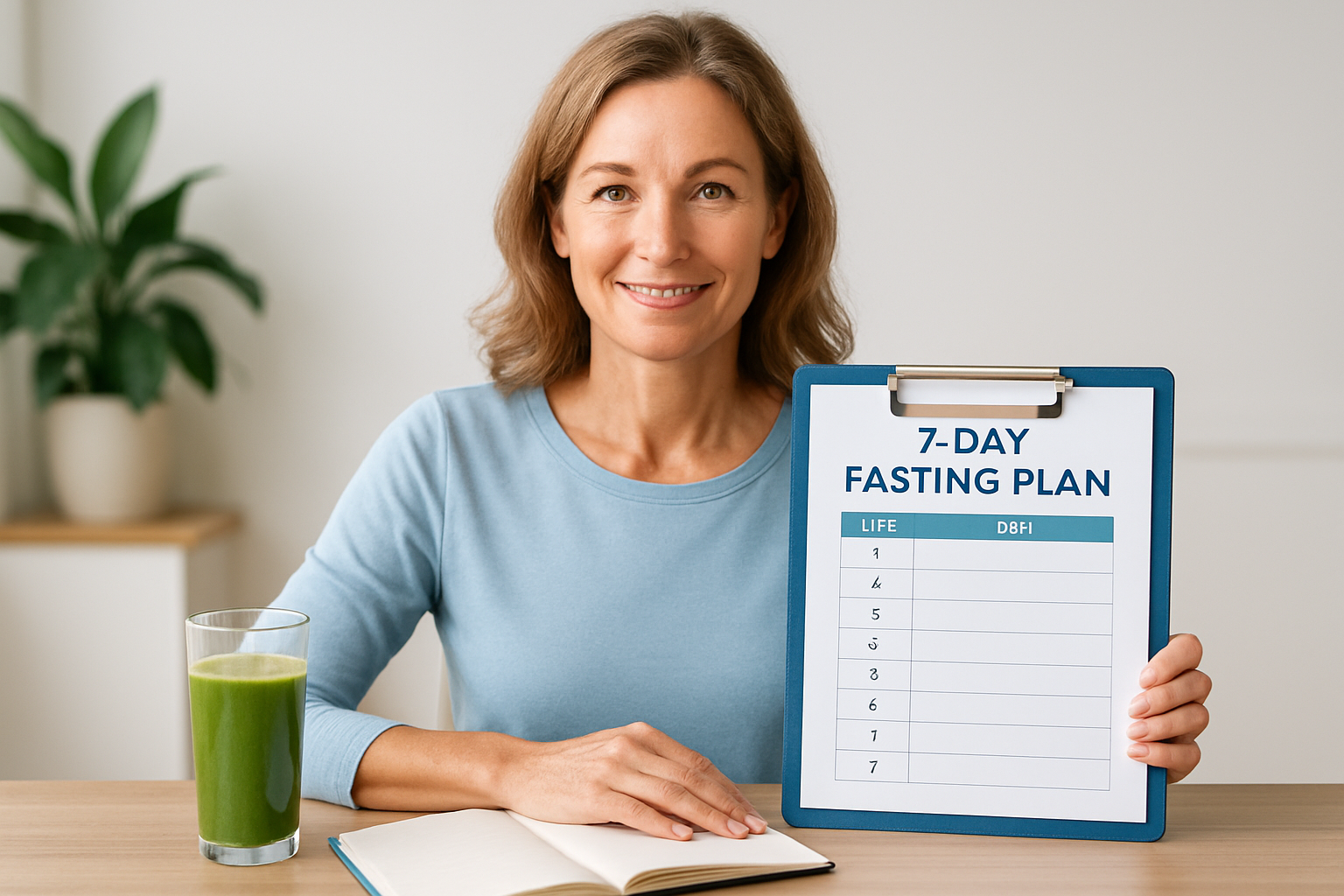 Frau meditiert während ihrer Heilfasten-Kur mit Kräutertee und Gemüsebrühe auf dem Tisch