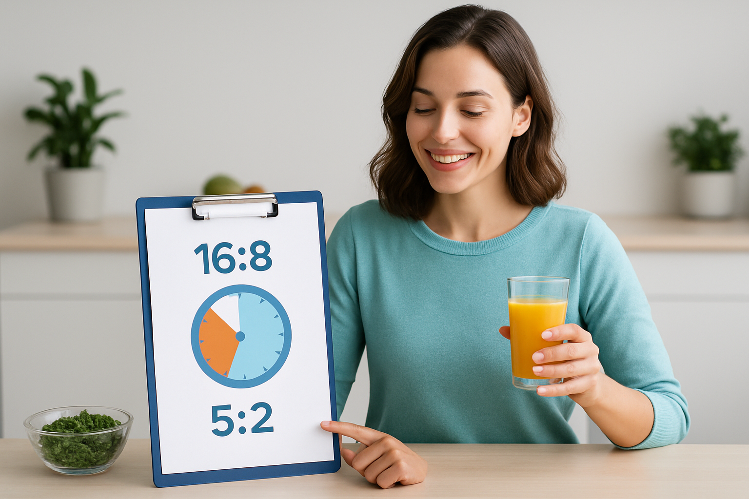 Uhr mit Teller zeigt Intervallfasten Zeitfenster für natürliche Entgiftung und Autophagie