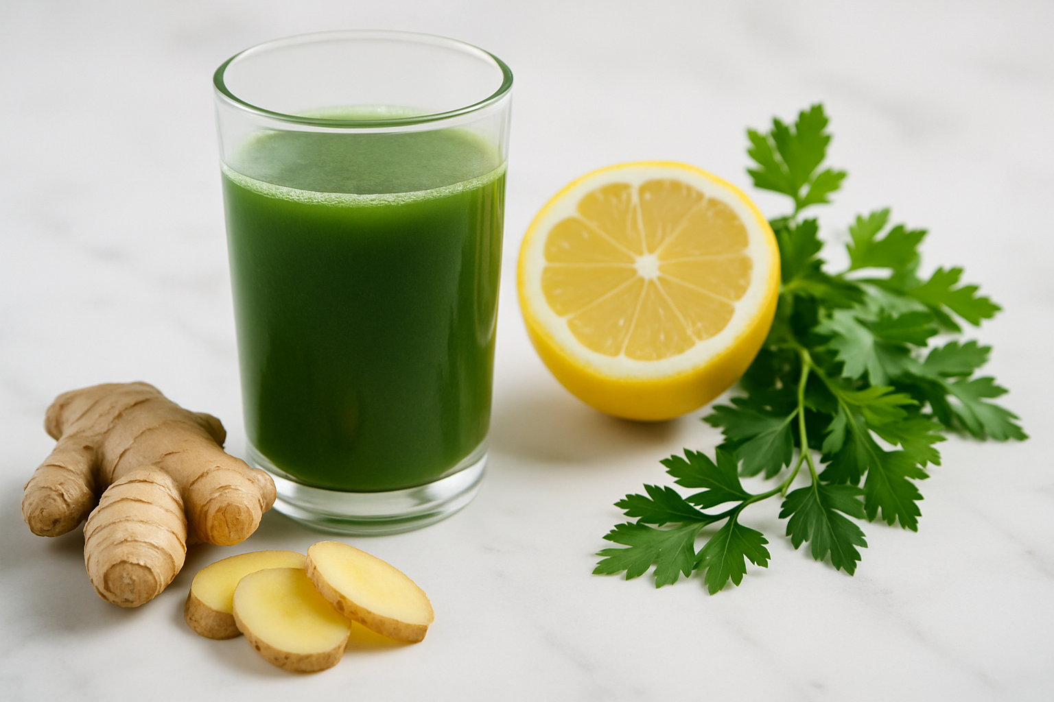 Frau trinkt grünen Detox-Smoothie umgeben von frischem Gemüse und Obst