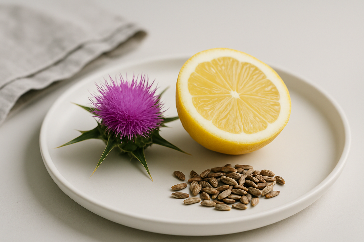 Gesunde Leber umgeben von entgiftenden Kräutern wie Mariendistel, Artischocke und Löwenzahn