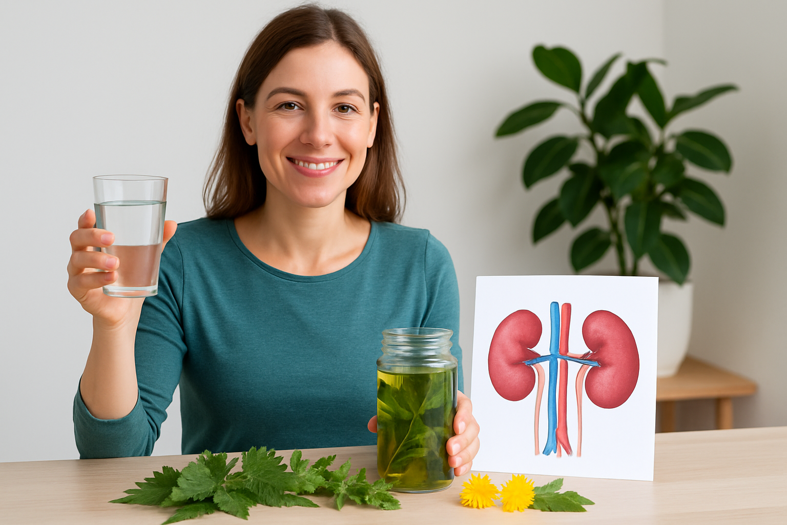 Gesunde Nieren mit entgiftenden Kräutern wie Brennnessel, Löwenzahn und Goldrute umgeben von frischem Wasser