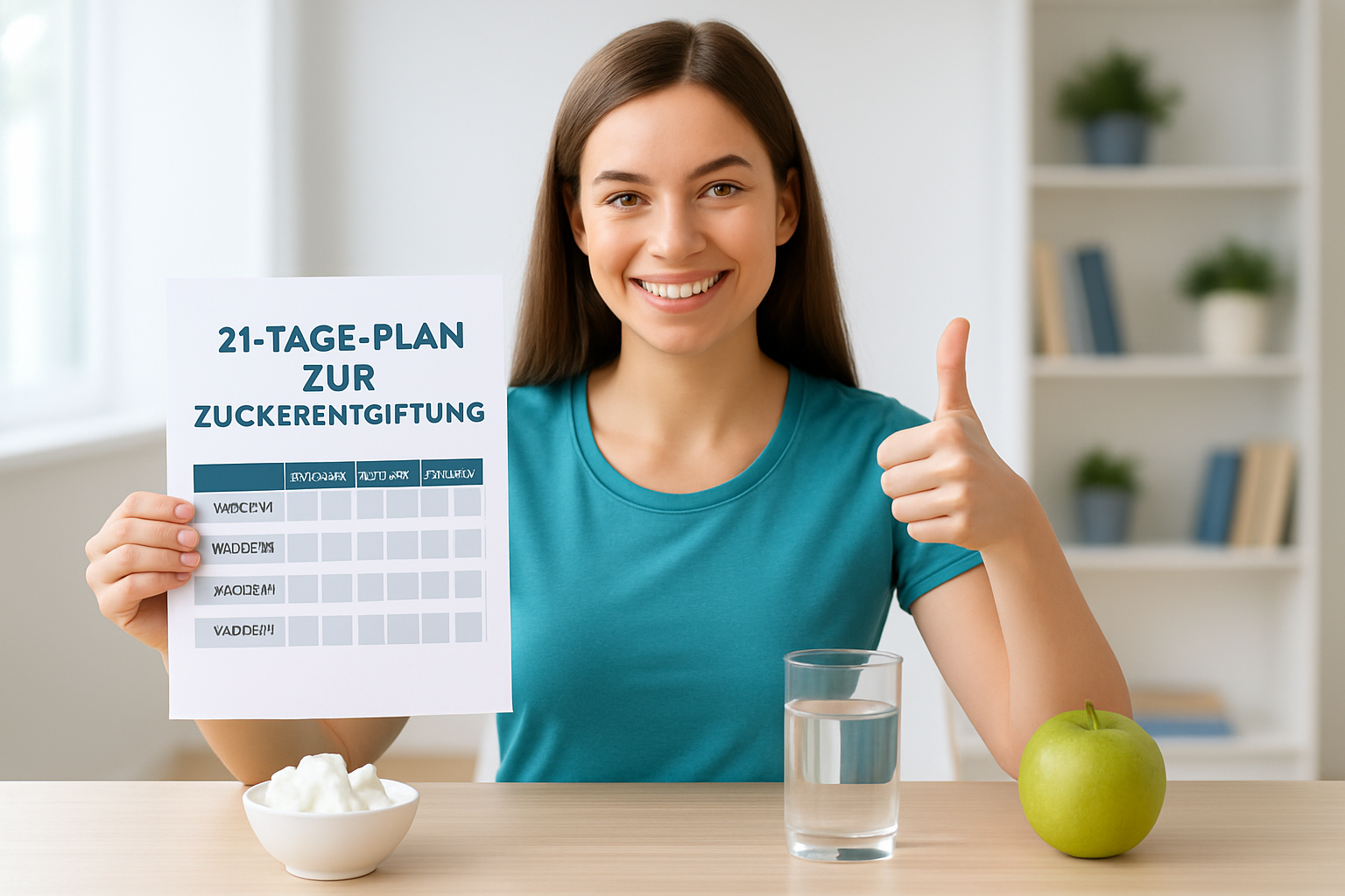 Frau lehnt Zucker ab und greift zu frischem Obst, symbolisiert erfolgreiche Zuckerentgiftung